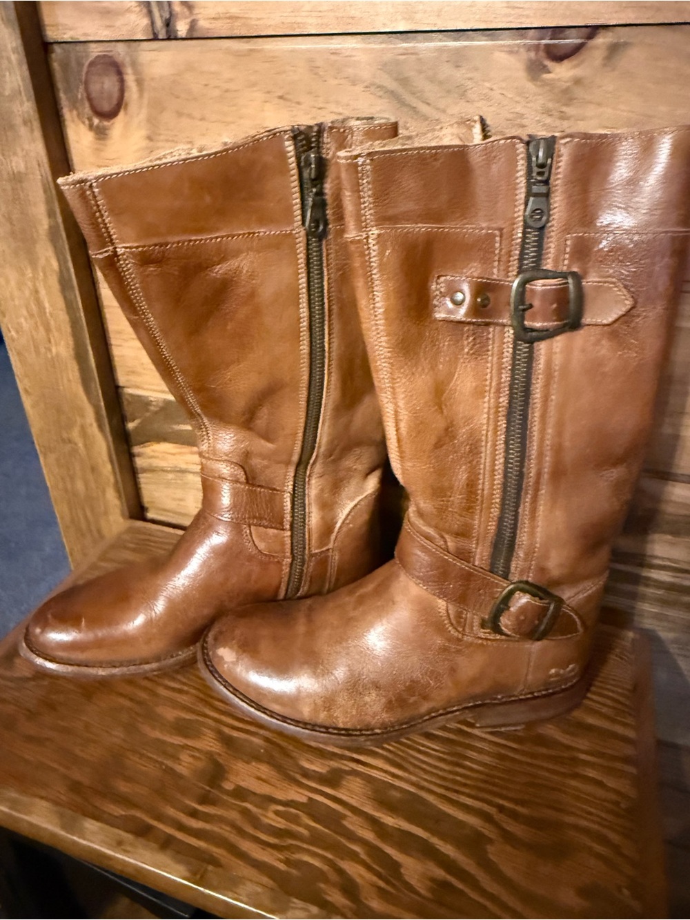 Bed Stu Cognac Brown Leather Mid-Calf Boots with Buckles